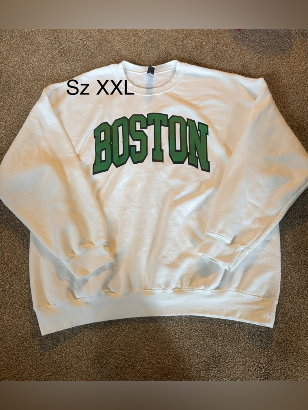 White "Boston" Crewneck Sweatshirt with Green Lettering - sz XXL